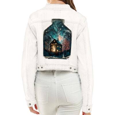 Starry Sky Cropped Ladies Denim Jacket - Night Women's Denim Jacket - Graphic Denim Jacket Women Color: White Size: S|M|L|XL